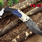 8" long Damascus steel Folding Knife, Engraved brass Bull horn & Blue bone scale