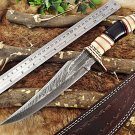 Damascus steel Hunting Knife, 13.5" Long hand forged, Camel bone Bull horn Brass