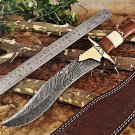 15" Long Damascus steel hunting Knife, Bone wood engraved brass scale,Cow sheath