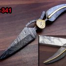 Damascus folding knife in exotic leaf shape engraved Damascus, Leather sheath