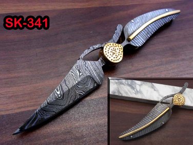 Damascus folding knife in exotic leaf shape engraved Damascus, Leather sheath