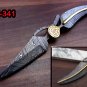 Damascus folding knife in exotic leaf shape engraved Damascus, Leather sheath