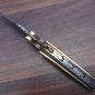 Damascus folding knife in exotic leaf shape engraved Damascus, Leather sheath
