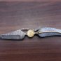 Damascus folding knife in exotic leaf shape engraved Damascus, Leather sheath