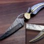 Damascus folding knife in exotic leaf shape engraved Damascus, Leather sheath