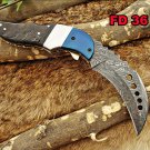 Kukri Folding Damascus steel Knife, Leather sheath, Goat horn & steel scale