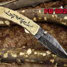 Damascus steel 7" long Folding Knife, Solid hand engraved brass scale