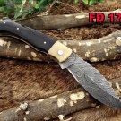 Damascus steel 8 " long Folding Knife Ram horn with Damascus bolster scale
