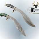 15" Damascus hunting Kukri knife, Engraved brass scale, 2 colors, Cow sheath
