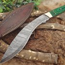 15" Damascus steel hunting Kukri knife, Green 2 tone wood, Cow Leather sheath