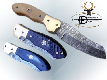 8" Tanto blade Damascus steel folding knife, Thumb pin, liner lock, Cow sheath