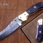 8" Tanto blade Damascus steel folding knife, Thumb pin, liner lock, Cow sheath