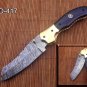 8" Tanto blade Damascus steel folding knife, Thumb pin, liner lock, Cow sheath