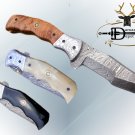 8" Tracker Folding Damascus knife, Engraved bird bolster, Liner lock, Cow sheath
