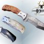 8" Tracker Folding Damascus knife, Engraved bird bolster, Liner lock, Cow sheath
