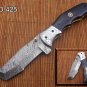 8" Tracker Folding Damascus knife, Engraved bird bolster, Liner lock, Cow sheath