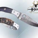 8" folding knife Damascus steel finger hole blade, liner, Ram & Bull Horn scale