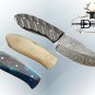 6.5" SKINNING DAMASCUS STEEL FULL TANG BLADE POCKET KNIFE, LEATHER SHEATH