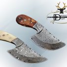 7" DAMASCUS STEEL FULL TANG WIDE BLADE KNIFE IN WOOD & BONE, COW LEATHER SHEATH