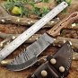 TRACKER KNIFE 13" LONG FULL TANG HAND FORGED DAMASCUS BLADE COW LEATHER SHEATH