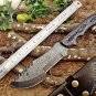TRACKER KNIFE 13" LONG FULL TANG HAND FORGED DAMASCUS BLADE COW LEATHER SHEATH