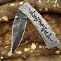 7" Damascus Blade Custom made Folding Knife w/Engraved Brass & Steel Handle,Lock