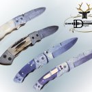 Damascus steel folding knife with ,liner lock, knob, Leather sheath