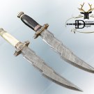 14.5" Damascus hunting knife, Engraved brass scale, 9" zig zag blade, Cow sheath