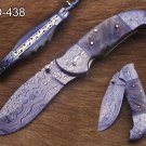 Damascus steel 8" folding knife, liner lock, thumb knob, Cow sheath
