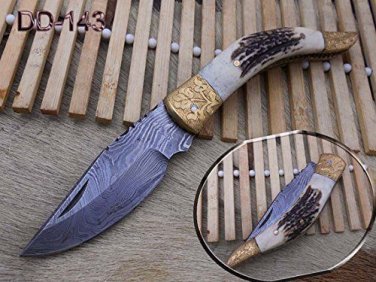 Stag antler & Engraved brass scale Damascus Folding knife Cow leather sheath