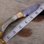 Stag antler & Engraved brass scale Damascus Folding knife Cow leather sheath
