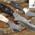 Gut hook skinning knife, 9" Long full tang Damascus steel , Cow Leather sheath