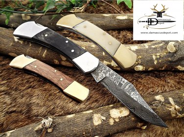 7.5" long folding knife hand forged Damascus steel wood scale Cow Leather sheath