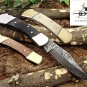 7.5" long folding knife hand forged Damascus steel wood scale Cow Leather sheath