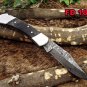 7.5" long folding knife hand forged Damascus steel wood scale Cow Leather sheath