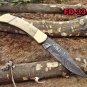 7.5" long folding knife hand forged Damascus steel wood scale Cow Leather sheath