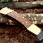 7.5" long folding knife hand forged Damascus steel wood scale Cow Leather sheath