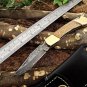 7.5" long folding knife hand forged Damascus steel wood scale Cow Leather sheath