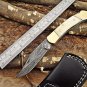 7.5" long folding knife hand forged Damascus steel wood scale Cow Leather sheath