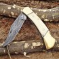 7.5" long folding knife hand forged Damascus steel wood scale Cow Leather sheath