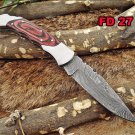 8" Hand forged Damascus folding pocket knife Steel Bolster, Back lock, sheath