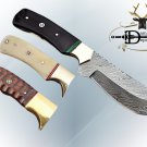 Damascus steel skinning knife with Brass bolster, 9" full tang blade, Cow sheath