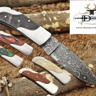 Folding compact knife 6.5" Hand forged Damascus Steel , Back lock, Cow sheath