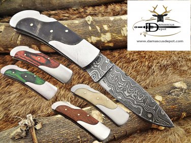 Folding compact knife 6.5" Hand forged Damascus Steel , Back lock, Cow sheath