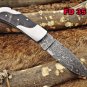 Folding compact knife 6.5" Hand forged Damascus Steel , Back lock, Cow sheath