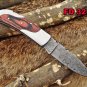 Folding compact knife 6.5" Hand forged Damascus Steel , Back lock, Cow sheath