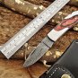 Folding compact knife 6.5" Hand forged Damascus Steel , Back lock, Cow sheath