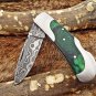 Folding compact knife 6.5" Hand forged Damascus Steel , Back lock, Cow sheath