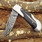 Folding compact knife 6.5" Hand forged Damascus Steel , Back lock, Cow sheath