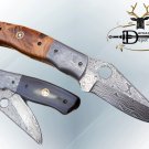 7.5" folding knife Damascus steel finger hole blade liner lock Wood & Horn scale